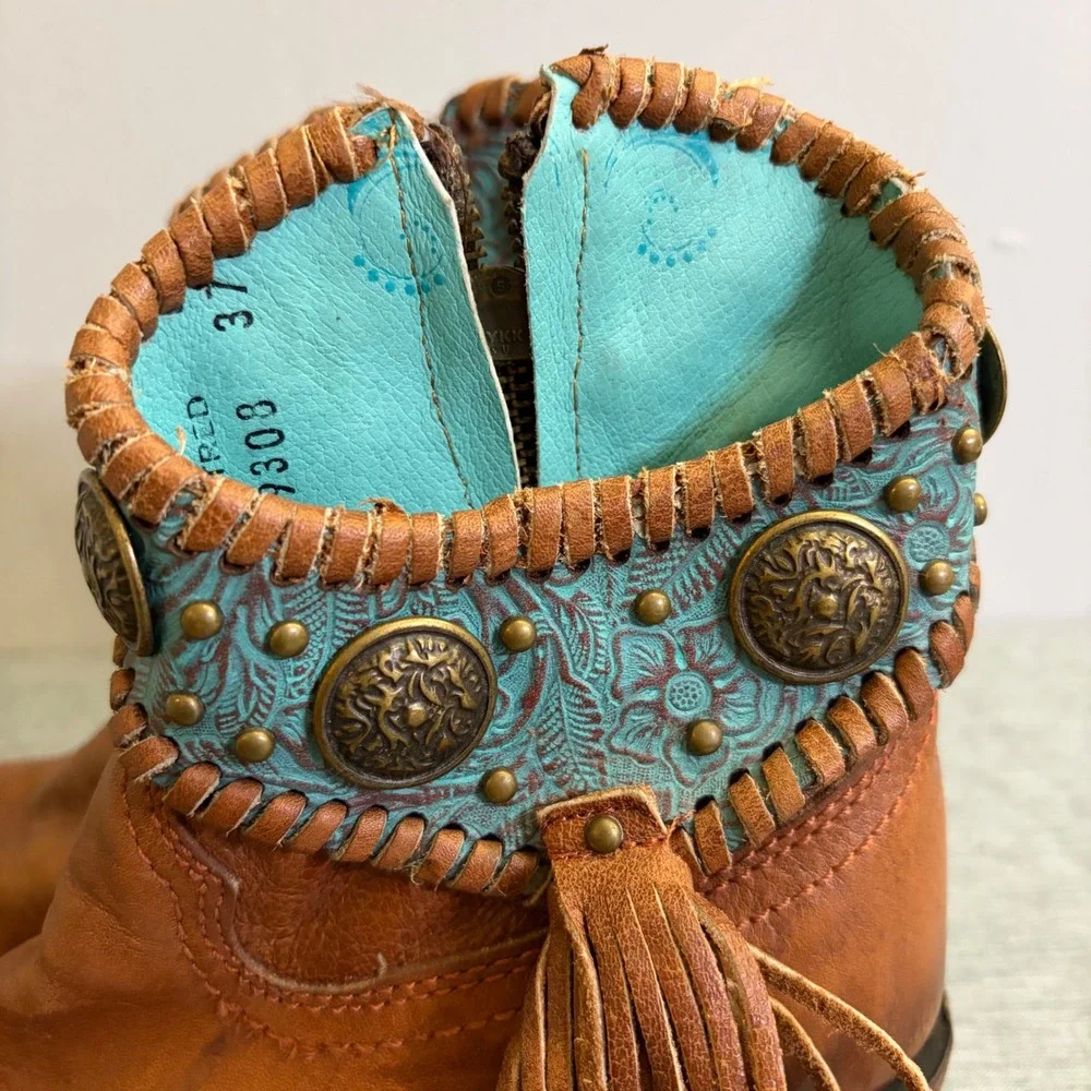 Corral Ankle Boots Women 5.5 Tan Turquoise‎ A3196 Fringe Concho Western Booties
